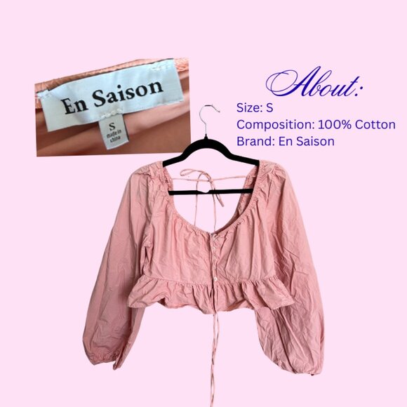 En Saison Pink Cotton Peplum Blouse | Long Sleeve Tie Back Top Size S - Picture 1 of 3